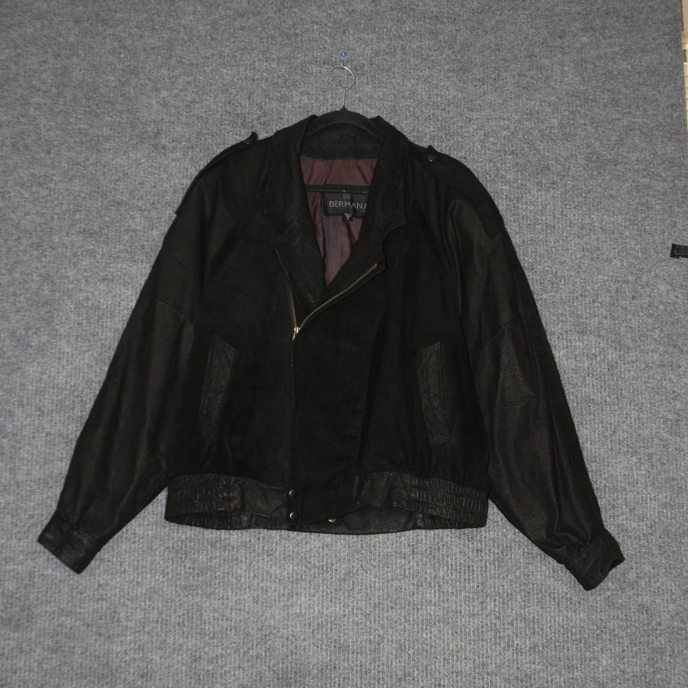 BERMANS Bomber Jacket Mens L Black Leather Suede Full Zip Lined Made Korea